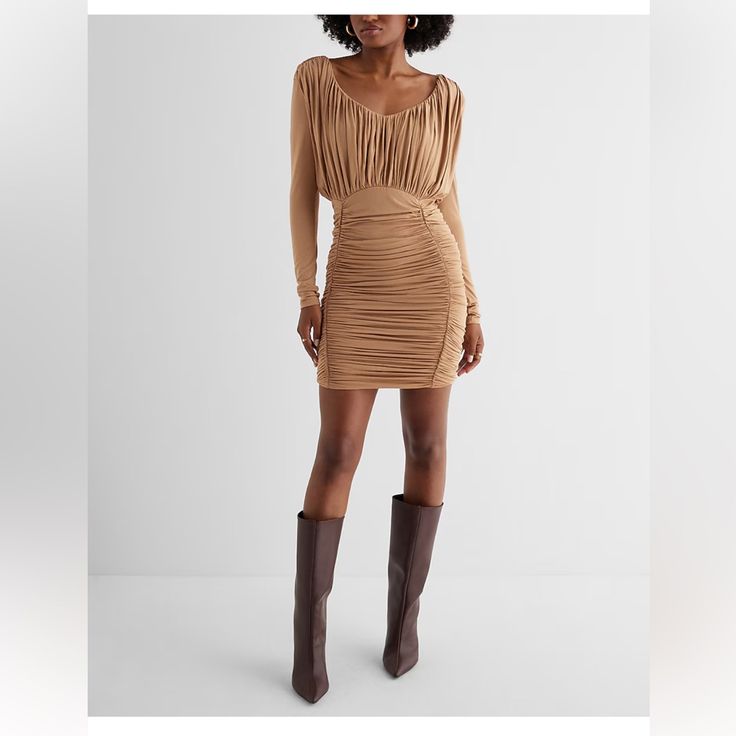 Shine V-Neck Long Sleeve Ruched Mini Sheath Dress Express Women’s New Beige Ruched V-neck Mini Dress, Beige Ruched Mini Dress With V-neck, Beige Ruched Bodycon Dress For Night Out, Beige Ruched Mini Dress For Fall, Brown Ruched Mini Bodycon Dress, Knee-length Ruched Brown Mini Dress, Brown Ruched Knee-length Mini Dress, Mini Sheath Dress, Express Dresses