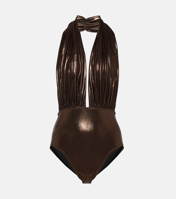 a women's brown swimsuit with an open back and tie at the waist