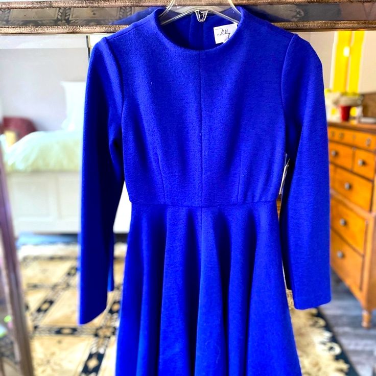 Beautiful Swing Dress. A Little Below The Knee. I Am 5ft 1in. Chic Blue Fit And Flare Midi Dress, Blue A-line Lined Dress, Fall A-line Mini Dress Lined, Fitted A-line Maxi Dress For Fall, Blue Long Sleeve Midi Dress For Spring, Blue Long Sleeve Knee-length Dress For Spring, Blue Knee-length Fall Dress, Blue Knee-length Dress For Fall, Chic Blue Long Sleeve Dress For Spring