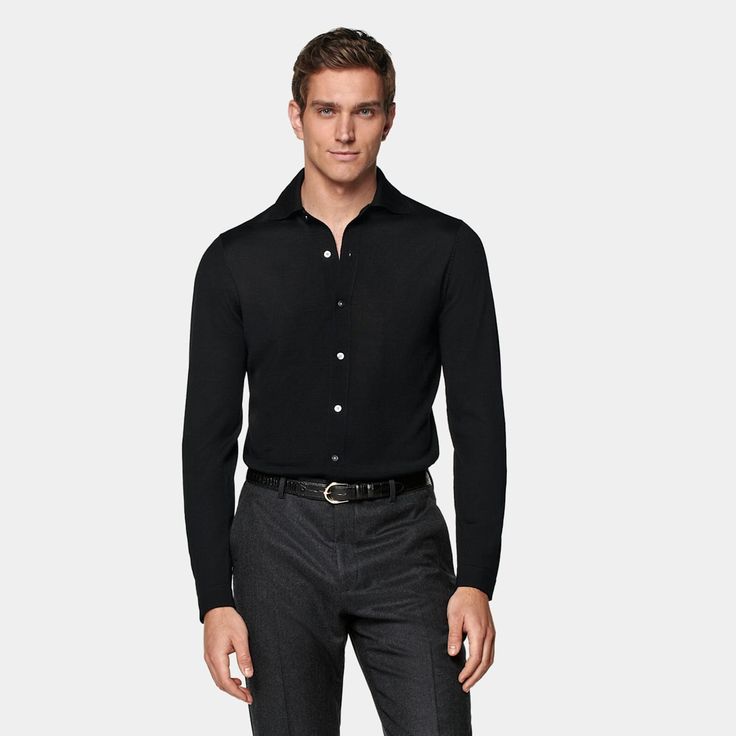 This black long-sleeve polo cardigan is tailored in a slim fit and features a polo collar, a full placket with a 7-button closure, and lightweight fabric for comfortable, stylish wear. Fitted Polo Collar Shirt For Semi-formal Occasions, Office Outerwear With Long Sleeves, Slim Fit, Classic Long Sleeve Formal Cardigan, Fitted Collared Professional Tops, Fitted Professional Tops With Button Closure, Professional Fitted Tops With Button Closure, Classic Cardigan With Lapel Collar For Business, Elegant Business Tops For Winter, Slim Fit Long Sleeve Business Casual Outerwear