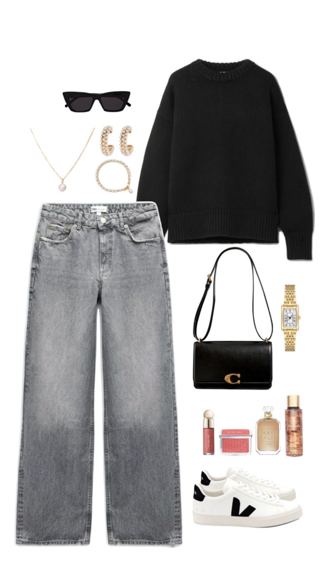 Spring outfit idea, fashion inspiration, inspo, grey wide leg jeans, veja shoes, black sweater, accessories, sunglasses, coach purse, golden pearls jewells. #ad #sponsored Jeans - https://amzn.to/49W36fv Pullover - https://amzn.to/3Whvwgz Shoes - https://amzn.to/3xVqFrq Bag - https://amzn.to/3Wk82Yw Sunglasses - https://amzn.to/4b8pcgl Accessories - https://amzn.to/3Wh7v9q https://amzn.to/3xVuCMS https://amzn.to/4da8oqB https://amzn.to/3WkIYAq https://amzn.to/4bhPcWd https://amzn.to/4dhDAE9 Outfit With Black Wide Leg Jeans, Grey Wide Jeans Outfit, Women Wide Leg Jeans Outfit, Wide Straight Leg Jeans Outfits, Wide Leg Grey Jeans Outfit, Black Grey Jeans Outfit, Casual Outfits Black Jeans, Grey Wide Leg Jeans Outfit, How To Style Grey Jeans