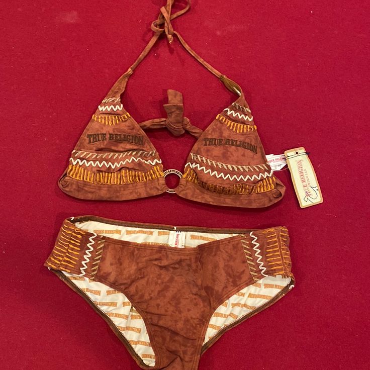 New With Tag True Religion Brown Bikini Top Size M Bottom Size L Looks Like Suede Embroidered Design Embroidered Beachwear Swimwear For Beach Season, Embroidered Swimwear For Beach Vacation, Embroidered Swimwear For Beach Season, Embroidered Beachwear For Beach Season, Embroidered Beachwear Swimwear For Poolside, Fitted Embroidered Beachwear Swimwear, Fitted Embroidered Swimwear For Beachwear, Fitted Brown Swimwear For Festival, Womens Bathing Suits Bikinis