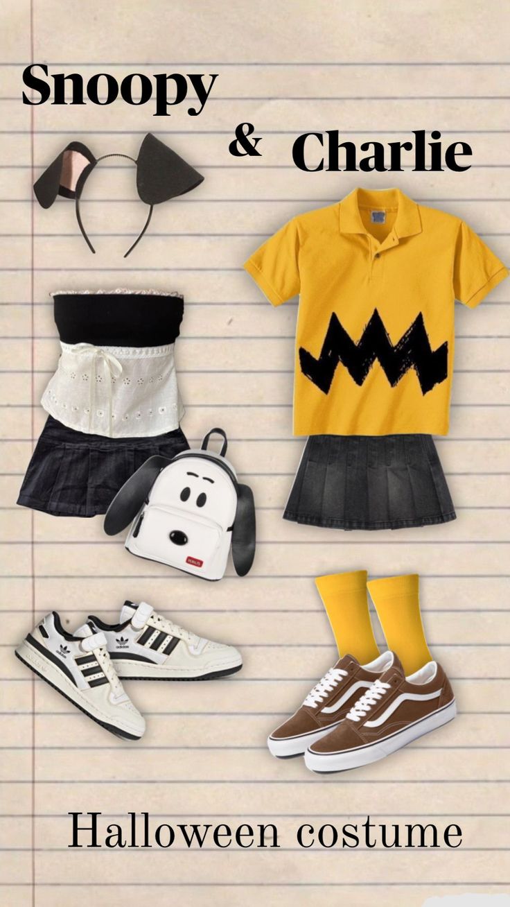 an image of halloween costumes on lined paper with the words snoopy and charlie above them