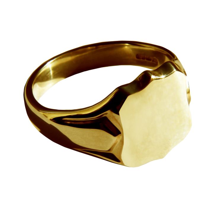 9ct Solid Yellow Gold Shield Signet Ring. Bespoke, Hand Finished to order from a Stamping. Fully U.K. Hallmarked.  Head Size: 14x12x2mm Stamping Weight: 8.8g ( varies with finger size ) Depth: 2.0mm Untreated Yellow Gold Signet Ring As Gift, Luxury Untreated Rings For Formal Occasions, Untreated Luxury Rings For Formal Occasions, Yellow Gold Jewelry With Polished Edges For Gifts, Heirloom Jewelry With Polished Edges For Anniversary, Classic Untreated Signet Ring As Gift, Concave Signet Ring With Polished Finish For Anniversary, Timeless Concave Signet Ring With Polished Finish, Timeless Polished Concave Signet Ring