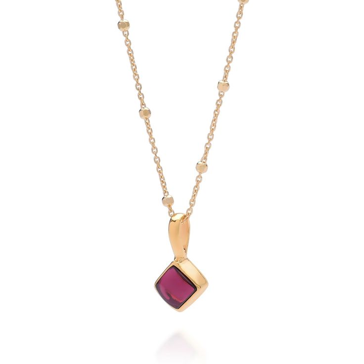 A stunning birthstone jewellery piece with a diamond-shaped cut Garnet gemstone for January birthstone that boasts deep red hues. The gemstone is handset into sterling silver and gold plated and paired with an 18" satellite chain, adding elegance and class to the design. Artisan crafted and an excellent personalised birthday gift option, this necklace is imbued with the natural beauty and lasting significance of the Garnet gemstone.  Garnet: reduce inflammation | detoxify | energise We want your jewellery to stay in great condition so you can enjoy it for years to come. With some simple steps you can help prolong the life of your pieces. Remove your jewellery daily, put it on as the last step when getting ready and the first thing you take off at the end of the day. Avoid spraying with per 14k Gold Square Pendant Necklace With Birthstone, Dainty Gemstone Birthstone Necklace For Formal Occasions, Gold Garnet Jewelry With Bezel Setting, Dainty Formal Birthstone Necklace With Gemstone, Formal Dainty Birthstone Necklace With Gemstones, Elegant Ruby Briolette Necklace, Dainty Formal Birthstone Necklace, Diamond-cut Ruby Jewelry As Gift, Fine Jewelry Yellow Gold Garnet Necklaces