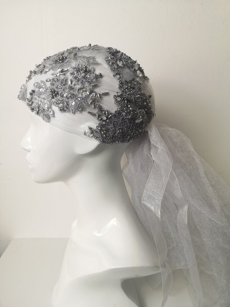 Flapper Style Cap Lace Embroidered Silver Grey Tulle Cap - Etsy Adjustable Lace Wedding Bonnet, Adjustable Tulle Headpiece For Wedding, Fitted Silver Headband, Silver Gatsby Style Wedding Headpieces, Wedding Headband With Bead Caps, Beaded Wedding Headband, Juliet Cap, Large Brim Hat, Types Of Hats