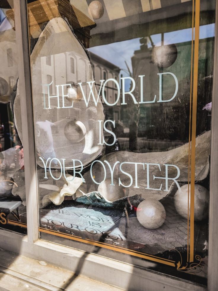 an image of a window display with words in the front and on the inside that says, he world is your oyster