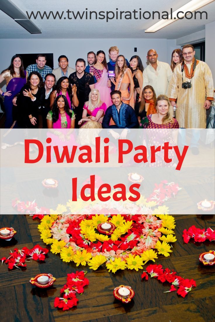 a group of people posing for a photo with the words diwali party ideas