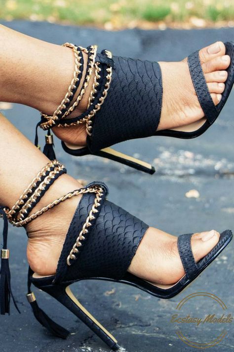 Sexy Ankle Straps Tassels Back High Stiletto.  #fashion #shoefashion #outlook #style #womenfashion #shoe Stiletto Sandals, Olivia Palermo, Fabulous Shoes, Hot Shoes, Black High Heels, Crazy Shoes, Shoe Obsession, Gigi Hadid, Shoe Lover