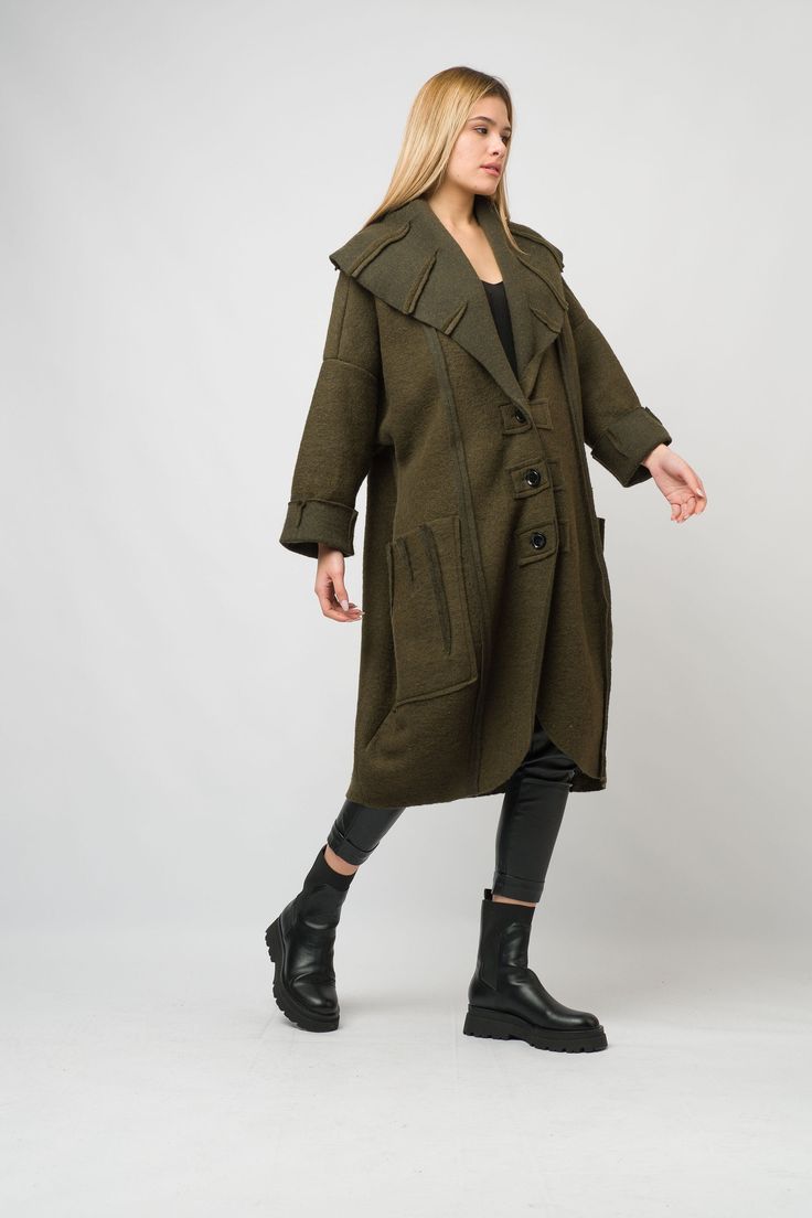 Long Wool Coat,Oversized Coat,Long Sweater,Wool Knit Coat,Knit Coat Women,Coat Women,Warm high collar.  -Two huge pockets    -Modern hood collar    -Suitable for plus size    - Unlined    Fabric 80% Wool  SIZE:one size         We measure on a flat surface from seam to seam. Bust, waist, & hip measurements have already been doubled. We suggest you compare our measurements to a garment that you have in your closet to ensure a proper fit. Free shipping:Worldwide shipping, it takes about10 -15 bdays Oversized Wool Outerwear With Shawl Collar, Olive Oversized Outerwear For Fall, Cozy Knitted Outerwear For Work, Oversized Sweater Coat With Button Closure For Work, Oversized Sweater Coat For Work, Oversized Long Wool Sweater Coat, Oversized Wool Sweater Coat For Fall, Oversized Wool Sweater Coat, Green Wool Sweater Coat For Fall