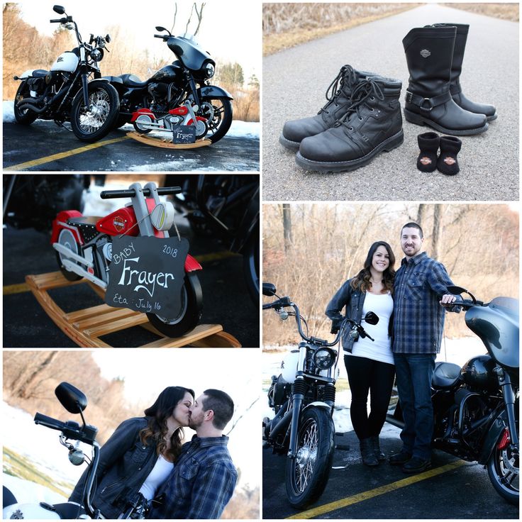 a couple standing next to each other in front of some parked motorcycles and motorcycle boots