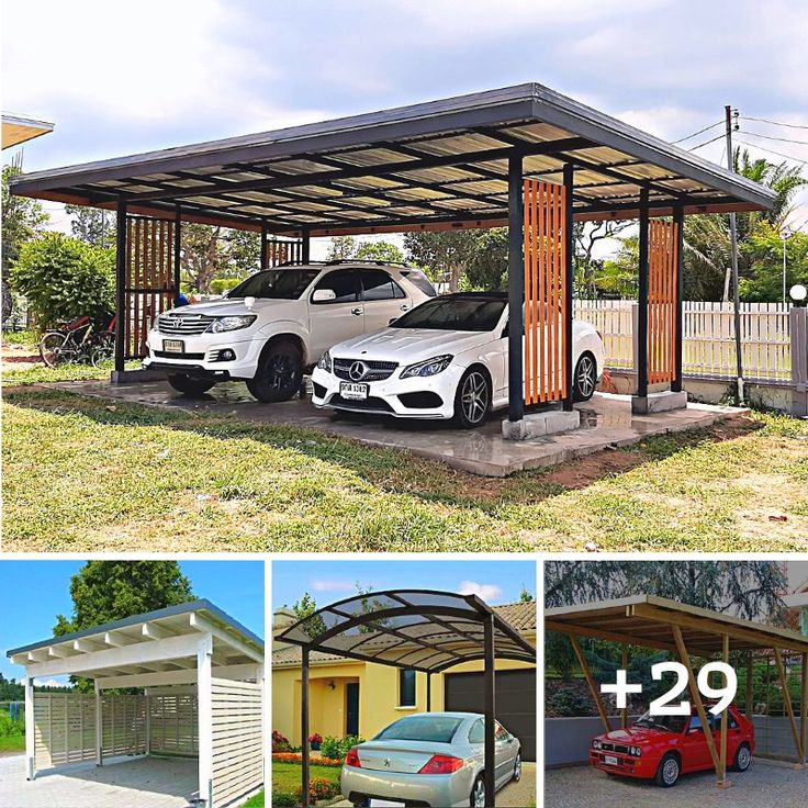 two cars parked under a metal carport in front of a house and an attached garage