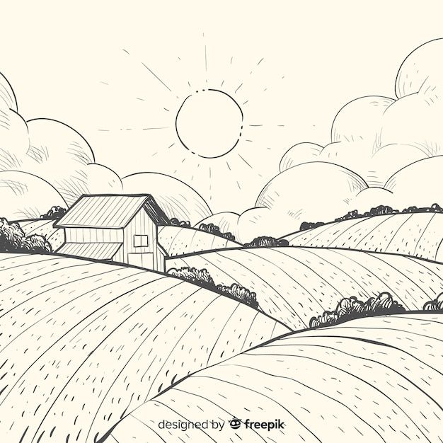 a drawing of a farm house in the middle of a field with sun shining over it