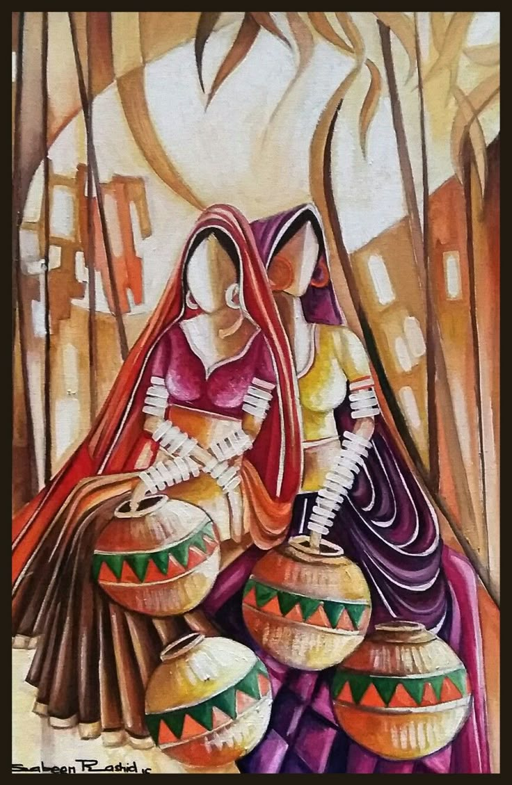 a painting of two women with pots in their hands