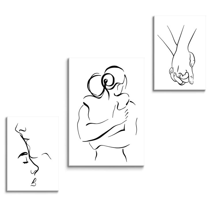 three black and white drawings of two people holding each other's hand, one with a baby in it