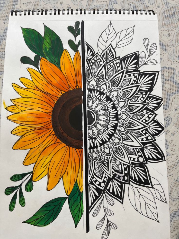 a drawing of a sunflower with green leaves on it and an orange flower in the middle