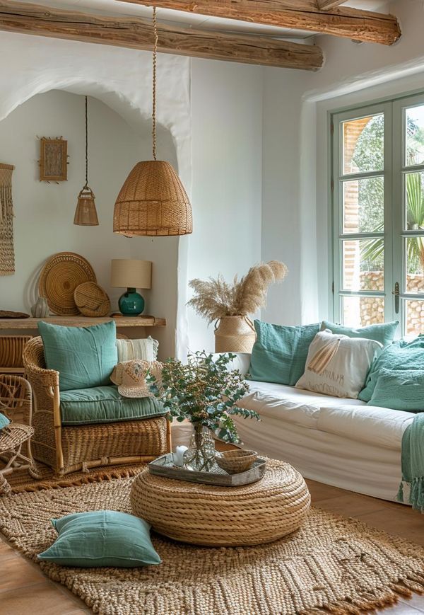 a living room filled with lots of furniture and pillows on top of a wooden floor