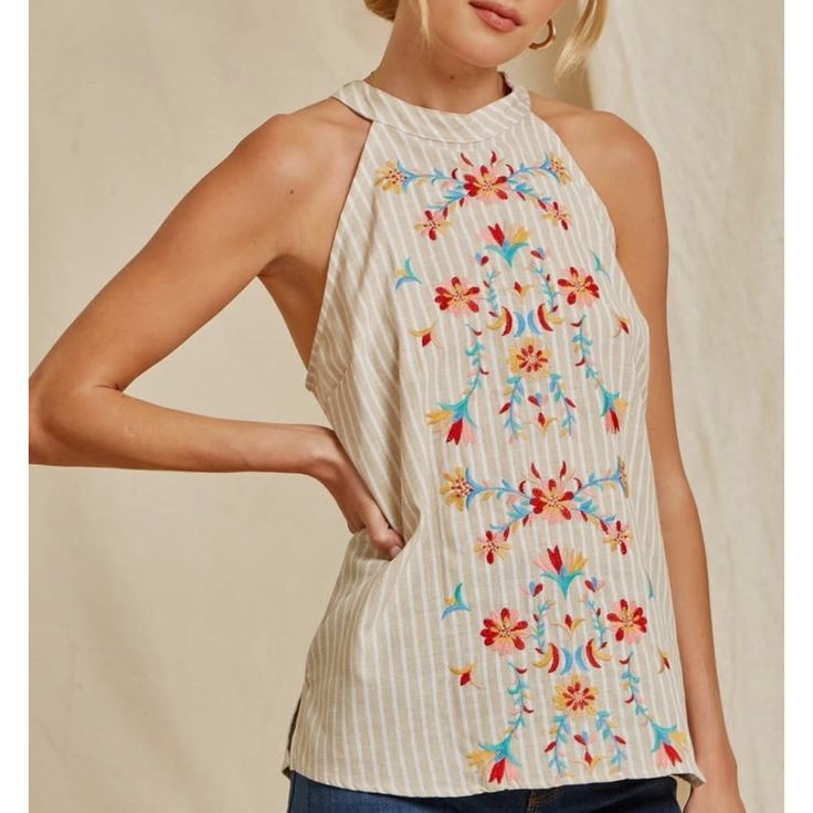 New With Tags / 100% Cotton / Tie Behind The Neck Closure Cream Floral Embroidered Summer Tops, Chic Embroidered Tops For Vacation, Cream Embroidered Spring Tops, Cream Tops With Floral Embroidery, Cream Embroidered Top For Spring, Casual Embroidered Off White Tops, Spring Cream Embroidered Top, Spring Off White Tops With Floral Embroidery, Spring Off-white Tops With Floral Embroidery