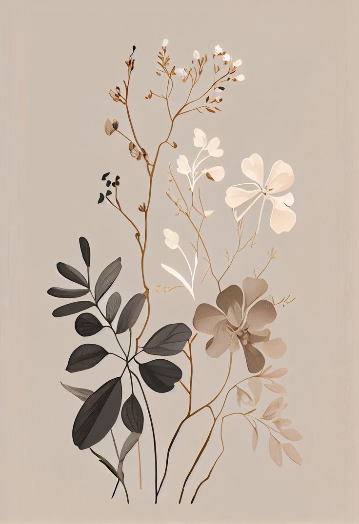 an illustration of flowers and leaves on a beige background with black, grey, and white colors