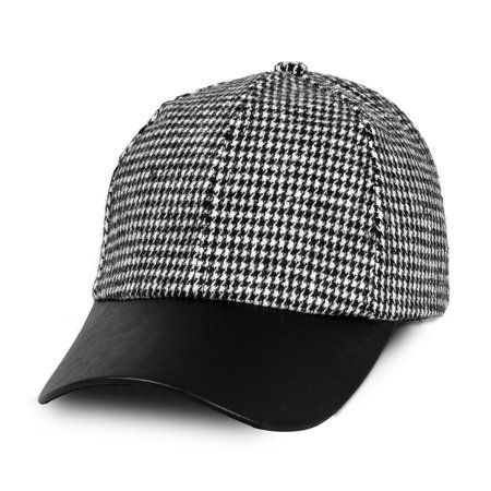 a black and white hat with a checkered pattern on the front, side view