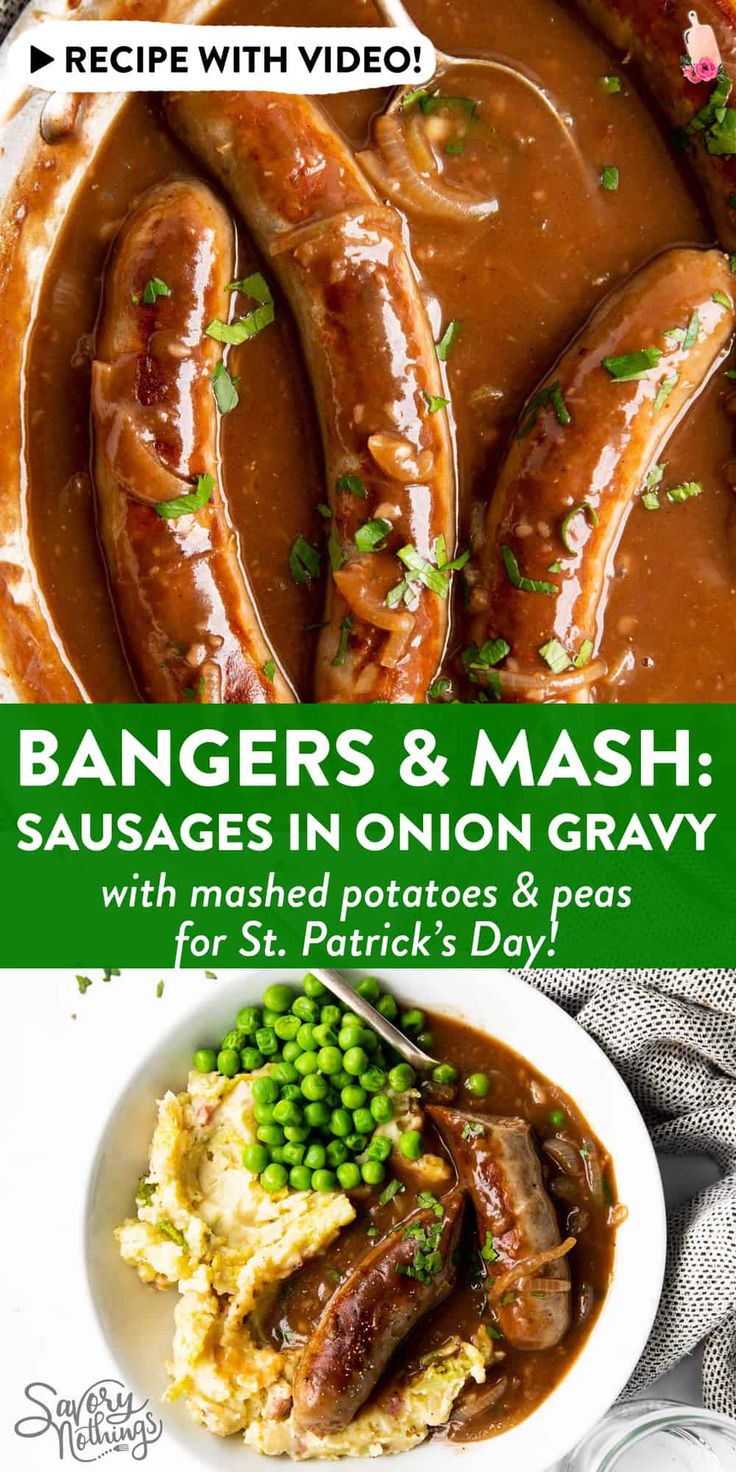 a plate with mashed potatoes, peas and sausages in gravy for st patrick's day