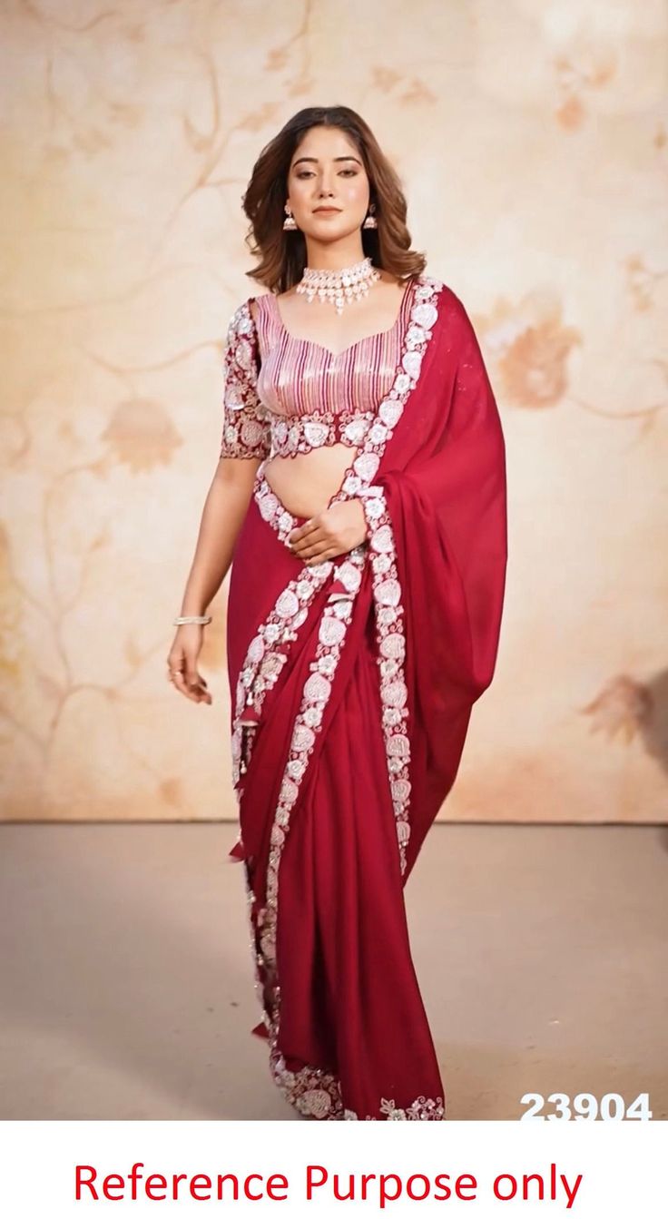 Party wear red saree for women, satin chiffon saree blouse,beautiful wedding saree for bridesmaid,designer saree with sequin embroidery work Product Details : 1) Saree Details : Saree Color : Red Saree Length : 5.50 Meter Saree Work :  Beautiful Sequins embroidery work Saree Fabric : Satin Chiffon 2) Blouse Details : (semi - stitched)  Blouse Color : Matching Blouse Length : 0.8 Meter Blouse Work : Sequence embroidery work Blouse Fabric :  heavy banglori (Stitched for the  40 size + 4 inch margi Saree For Bridesmaid, Chiffon Saree Blouse, Saree Work, Sequence Embroidery, Blouse Details, Saree For Women, Sequin Embroidery, Sari Blouse, Red Saree