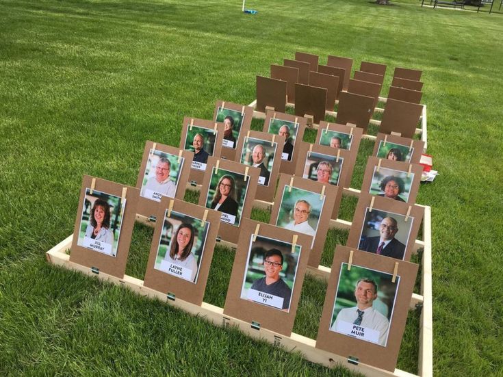 a bunch of pictures are placed on a wooden stand in the middle of some grass