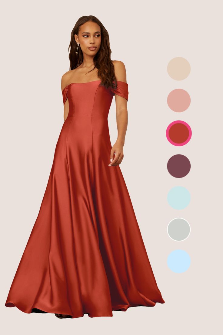 a woman in an off the shoulder red dress with different color swatches on it