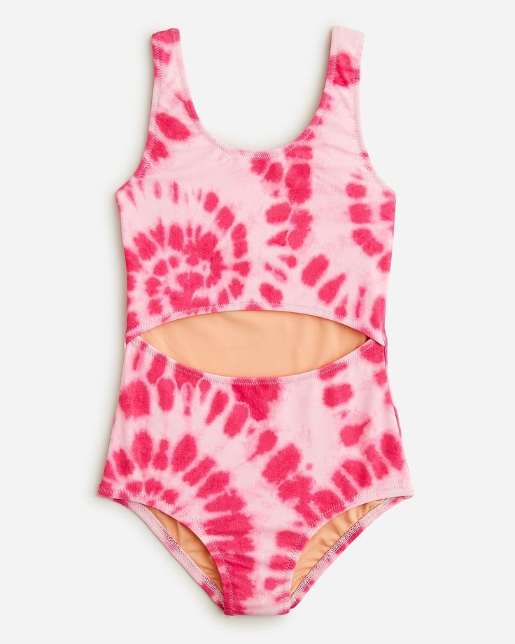 J.Crew: Girls' Printed Cutout-waist One-piece Swimsuit With UPF 50+ For Girls One-piece Swimwear For Summer, Spring Beachwear Swimwear For Play, Summer Beachwear Tankini For Playwear, Summer Sleeveless Tankini For Play, Stretch Cutout One-piece Swimsuit, Sleeveless Tankini For Summer Playwear, Summer Style Cutout One Piece For Swimming, Cutout One Pieces For Poolside And Beach Season, Beach Season Cutout Tankini For Beach Party