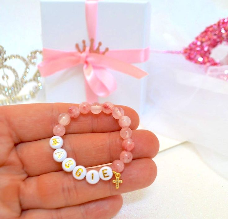 18K Gold Rhinestone Holly Cross Pink Jade Baby Bracelet, Baptism Gift, Christening, Communion, Baby Shower Gift, Personalized Girls Bracelet Personalised Baby Bracelet, Girls Bracelet, Mother Daughter Bracelets, Bracelet Stacks, Pink Jade, Gender Reveals, Baby Announcements, Jade Gemstone, Rhinestone Cross