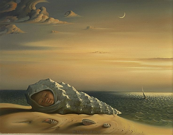 a painting of a baby wrapped in a blanket on the beach with an ocean and sky background