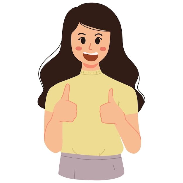 a woman giving the thumbs up sign with long hair and wearing a yellow shirt is smiling