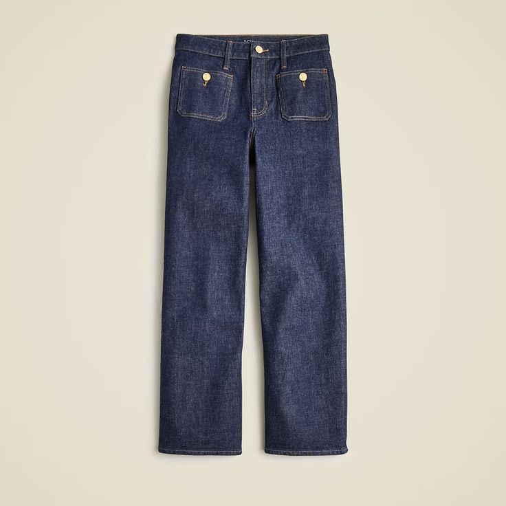 J.Crew: Sailor Slim-wide Jean In 1996 Semi-stretch For Women Classic Cropped Leg Denim Flare Jeans, Chic Dark Wash Jeans With Five Pockets, Classic Cropped Leg Denim Jeans, Mid-rise Jeans With Five Pockets For Work, Casual Mid-rise Jeans For Work, Dark Wash Wide Leg Jeans With Five Pockets, Classic Mid-rise Flare Jeans In Rigid Denim, Classic Cropped Leg Denim Blue Jeans, Mid-rise Rigid Denim Flare Jeans For Work