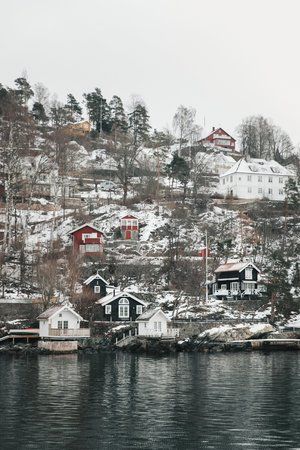 houses on the shore of a lake in winter