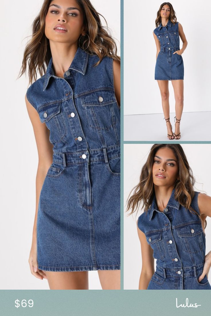 When you really wanna make an impression, your best bet is always the Lulus Ready to Charm Medium Wash Denim Mini Dress! Sturdy denim fabric shapes this trendy mini dress that has a collared neckline, twin pockets at the front, and a full button placket. Waist boasts belt loops and a hidden zip fly with top button closure. Three-pocket cut completes the mini skirt. Fit: This garment fits true to size. Length: Mid-thigh. Size medium measures 34.25" from shoulder to hem. Bust: Great for any cup si Denim Blue Mini Dress With Pockets For Fall, Fall Denim Blue Mini Dress With Pockets, Denim Button-up Mini Dress For Work, Dark Wash Denim Mini Dress With Pockets, Button-up Denim Mini Dress For Work, Dark Wash Denim Dress With Pockets In Mini Length, Dark Wash Mini Dress With Pockets, Denim Mini Dress With Pockets For Day Out, Trendy Collared Dress In Denim Blue