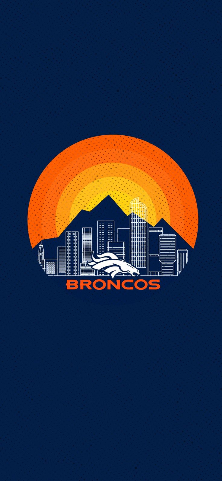 the denver skyline with an orange and yellow sunset in the background, as seen from bronco's