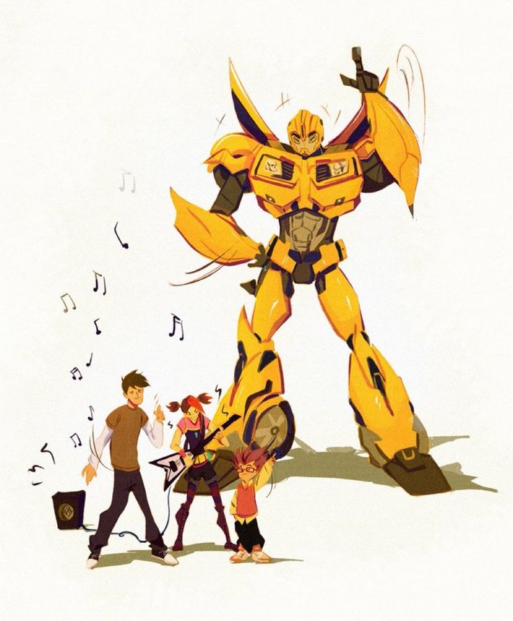 a drawing of a giant robot with people around it