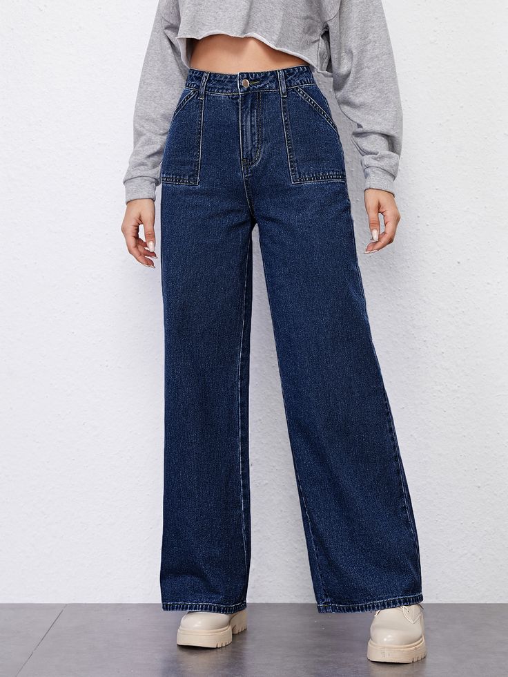 Dark Wash    Denim Plain Wide Leg Embellished Non-Stretch  Women Denim Soft Girl Quotes, Wide Leg Jeans Outfit, Soft Girl Outfits, Outfit Street, Jeans Outfit Women, High Rise Wide Leg Jeans, Soft Girl Aesthetic, Outfit Jeans, High Waisted Jeans