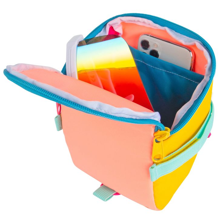 an open cell phone in a colorful pouch