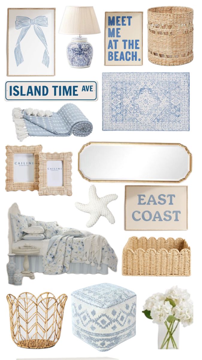 a collage of blue and white decor