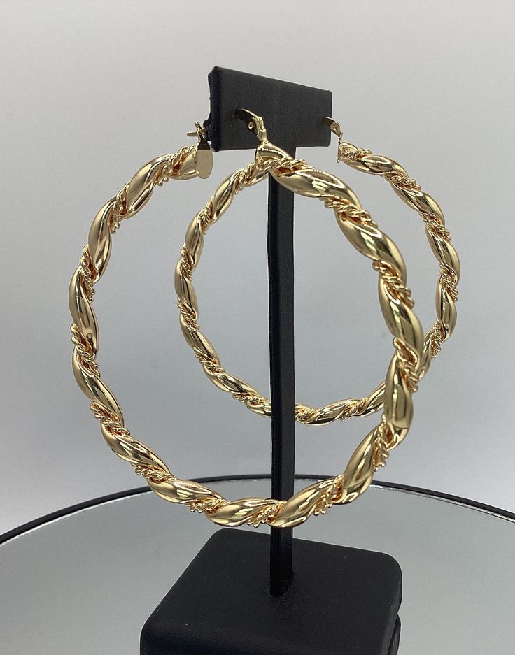 BOLD ! Large 75mm Hoops 14k Yellow Gold Filled  Twisted San Marco Look  BIG and Beautiful ! Bold Latino Hoop Gold Earring Hoops, Big Earrings Gold, Big Gold Hoop Earrings, Rich Lady, Bold Gold Jewelry, Large Gold Earrings, Gold Minimalist Jewelry, Faberge Jewelry, Hoop Earrings Large