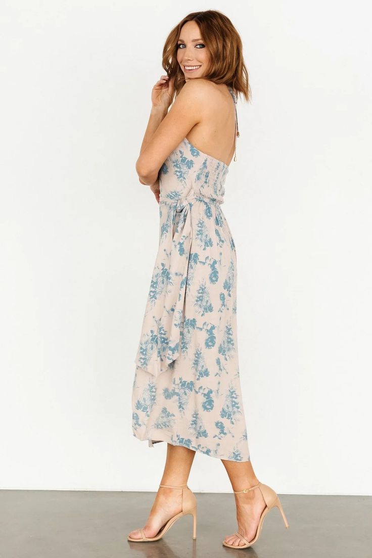 Seize the day with our Nicole Faux Wrap Midi Dress in Natural + Blue! The details on this summery piece will have you swooning. Wrap Dress Styles, Baltic Born, Shimmer Dress, Tulip Skirt, Wrap Midi Dress, Blue Floral Print, Silver Dress, Faux Wrap Dress, Black Midi Dress