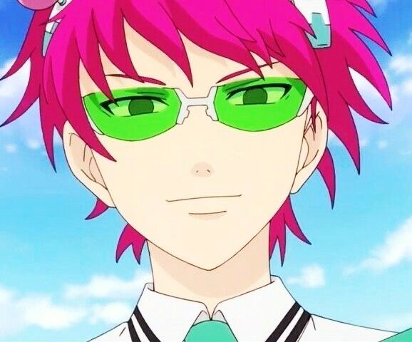 an anime character with pink hair and green eyeglasses looking at the camera while standing in front of a blue sky