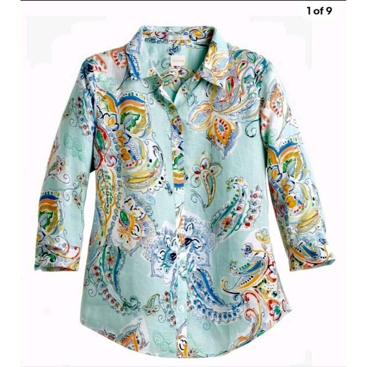 Elevate Your Summer Wardrobe With This Stunning Chico's Nwt Size 2 Effortless 100% Linen Whimsy Paisley Sina Shirt In Blue. The Collared Neckline And Button Closure Provide A Chic And Sophisticated Look, Perfect For Any Occasion From Travel To Weddings And Cocktail Parties. The 3/4 Straight Sleeves Add A Touch Of Elegance To The Shirt, Which Is Made Of Cool And Comfortable Woven Linen Material, Making It Ideal For The Spring And Summer Season. The Unique Paisley Pattern And Whimsical Design Make Fitted Paisley Print Button-up Top, Cotton Paisley Print Patterned Tops, Spring Paisley Print Shirt, Long Sleeve Paisley Print Shirt For Spring, Patterned Paisley Print Shirt For Spring, Casual Blue Paisley Print Tops, Spring Paisley Print Patterned Shirt, Casual Long Sleeve Paisley Print Blouse, Casual Long Sleeve Blouse With Paisley Print