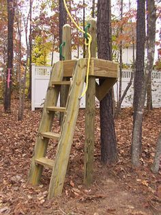 a wooden play set in the woods with a ladder up to it's top