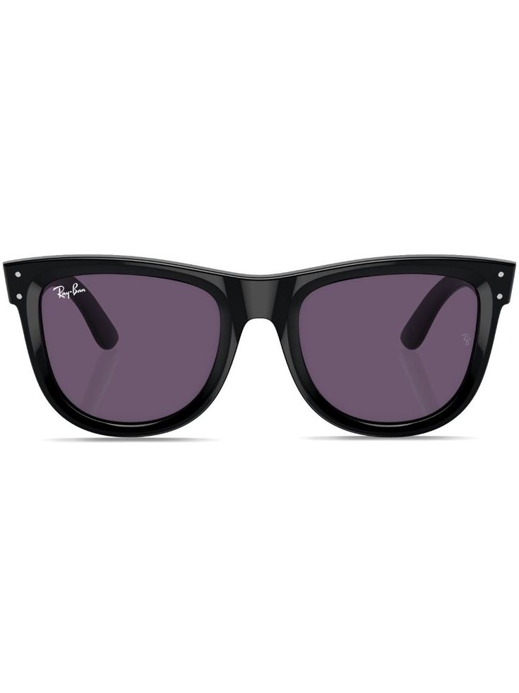 black acetate matte finish silver-tone logo lettering purple tinted lenses square frame straight arms curved tips These glasses come with a protective case.