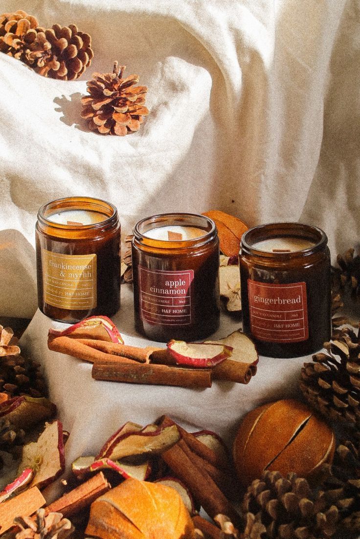 three jars of candles surrounded by pine cones and cinnamons