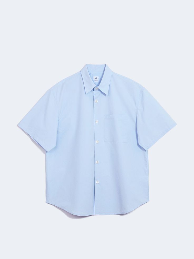 Editor's NotesThis casual oversized button-down shirt is made from high-density cotton-nylon blend. It's designed with a single pocket and reversed seam finish.- Collared neck- Button fastenings- One chest pocket- Drop shoulder- Short sleeves- Curved hem- Oversized fitMeasurements (in.) M / L- Shoulder: 22.2 in. / 22.8 in. - Chest: 23.8 in. / 24.6 in.  - Sleeve Length: 10.8 in. / 10.8 in. - Total Length: 30.7 in. / 31.3 in.  Composition & Care- 69% Cotton, 31% Nylon- Dry clean- Do not tumble Oversized Casual Shirt With Placket, Cotton Shirt With Pockets And Shirttail Hem, Blue Tops With Welt Pockets For Spring, Casual Oversized Shirt With Welt Pockets, Oversized Short Sleeve Shirt For Work, Solid Cotton Shirt With Patch Pockets, Solid Color Shirt With Pockets For Daywear, Blue Shirt With Patch Pockets For Spring, Oversized Short Sleeve Work Shirt