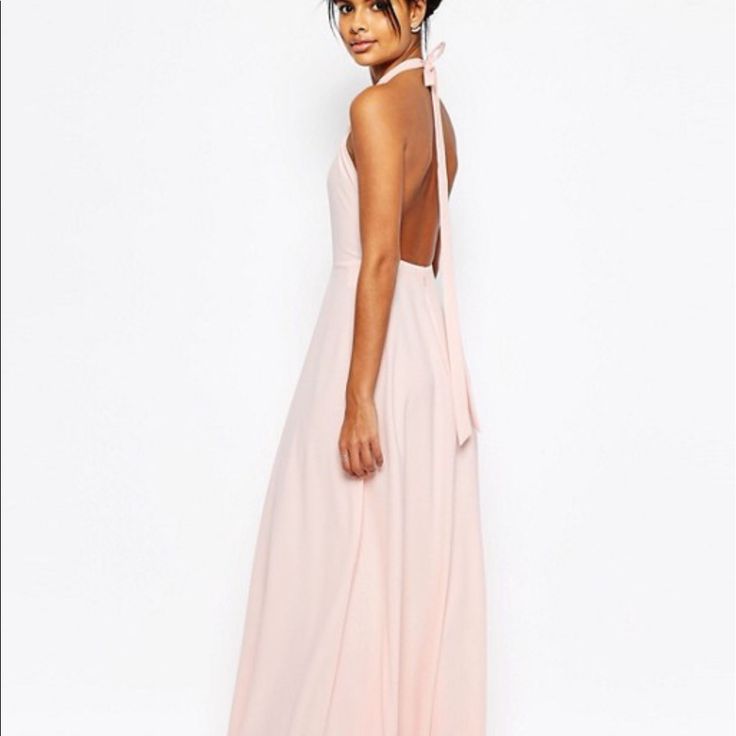 Gorgeous Light Pink Halter Top Maxi Dress. Perfect To Wear To A Wedding, Use As A Bridesmaid Dress Or Pair It With Wedges/Sandals For An Everyday Maxi. Beige Maxi Dress For Summer Prom, Backless Summer Bridesmaid Dress For Prom, Blush Summer Wedding Dress, Chiffon Tie-back Maxi Dress For Wedding, Pink Tie-back Maxi Dress For Prom, Pink Halter Neck Maxi Dress For Wedding, Feminine Cream Maxi Dress For Bridesmaids, Spring Cream Maxi Dress For Wedding Guest, Backless Pink Maxi Dress For Wedding