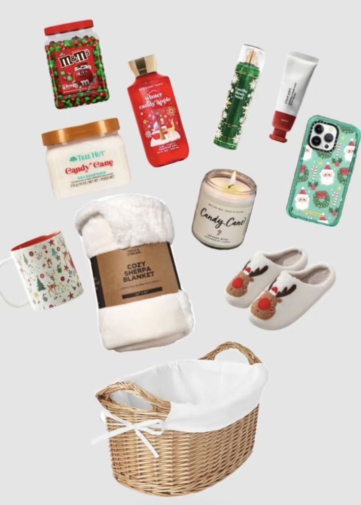 the contents of a christmas gift basket are arranged in an array on a white background